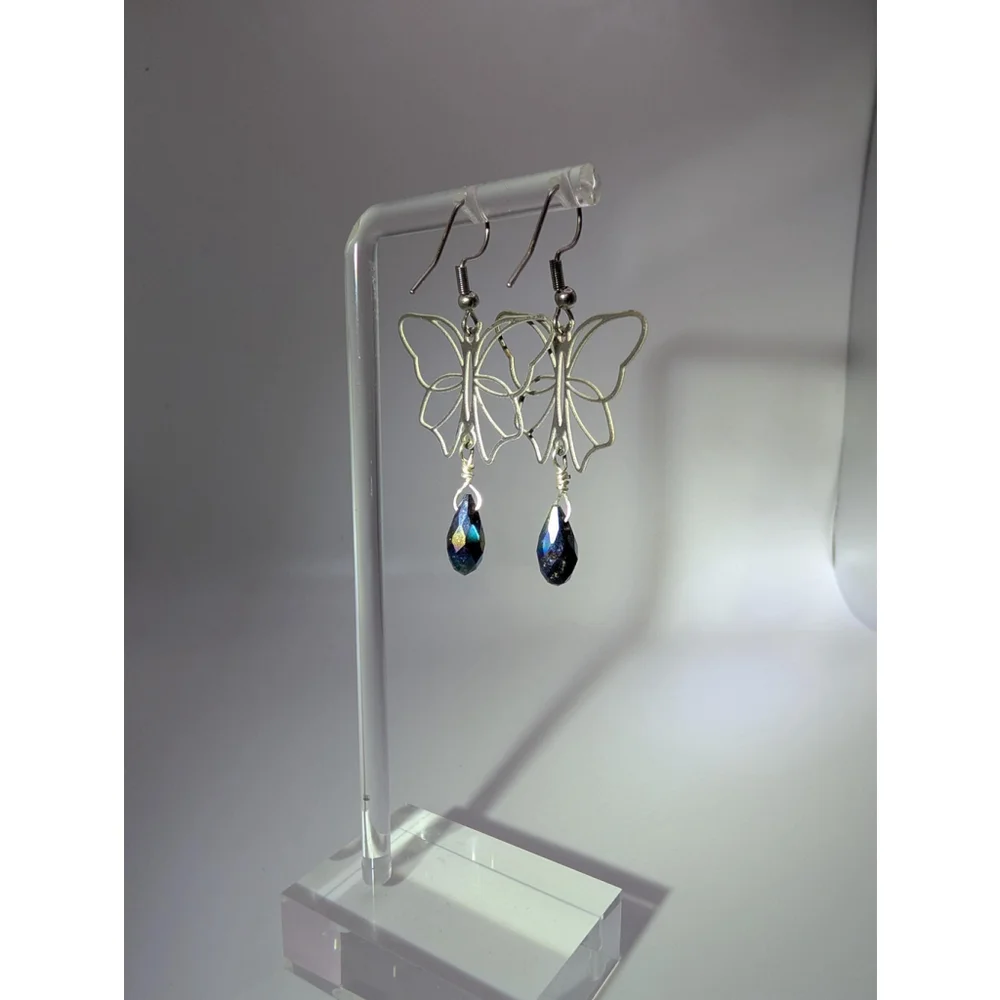 Butterfly Dangle Earrings, Stainless Steel Black Metallic Glass Teardrop Beads